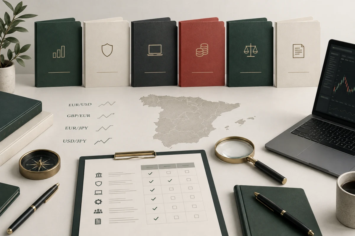 Six broker review folders arranged around a Spain map and an entity-checking worksheet