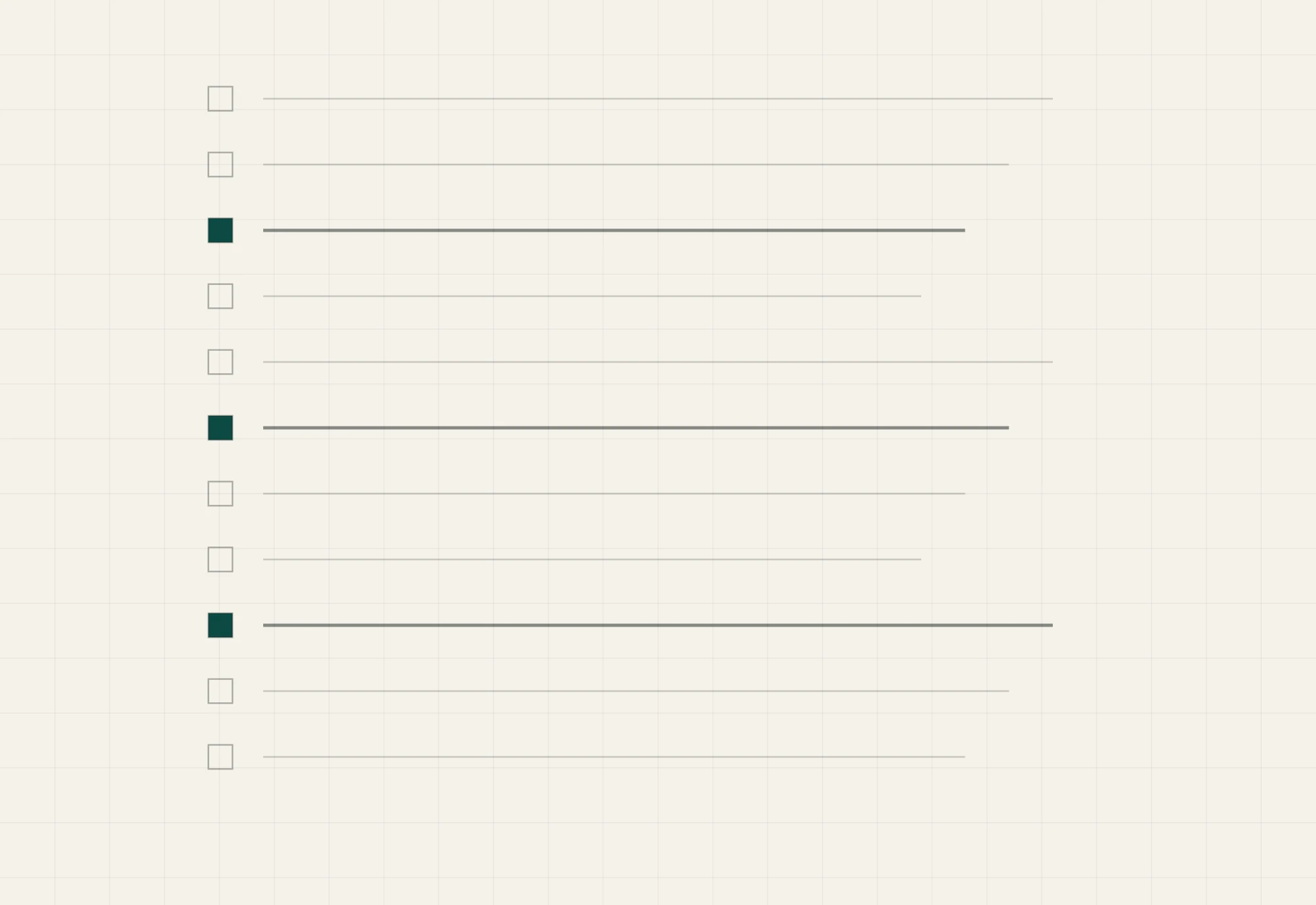 A ruled shortlist of entries with three of them marked by a filled square
