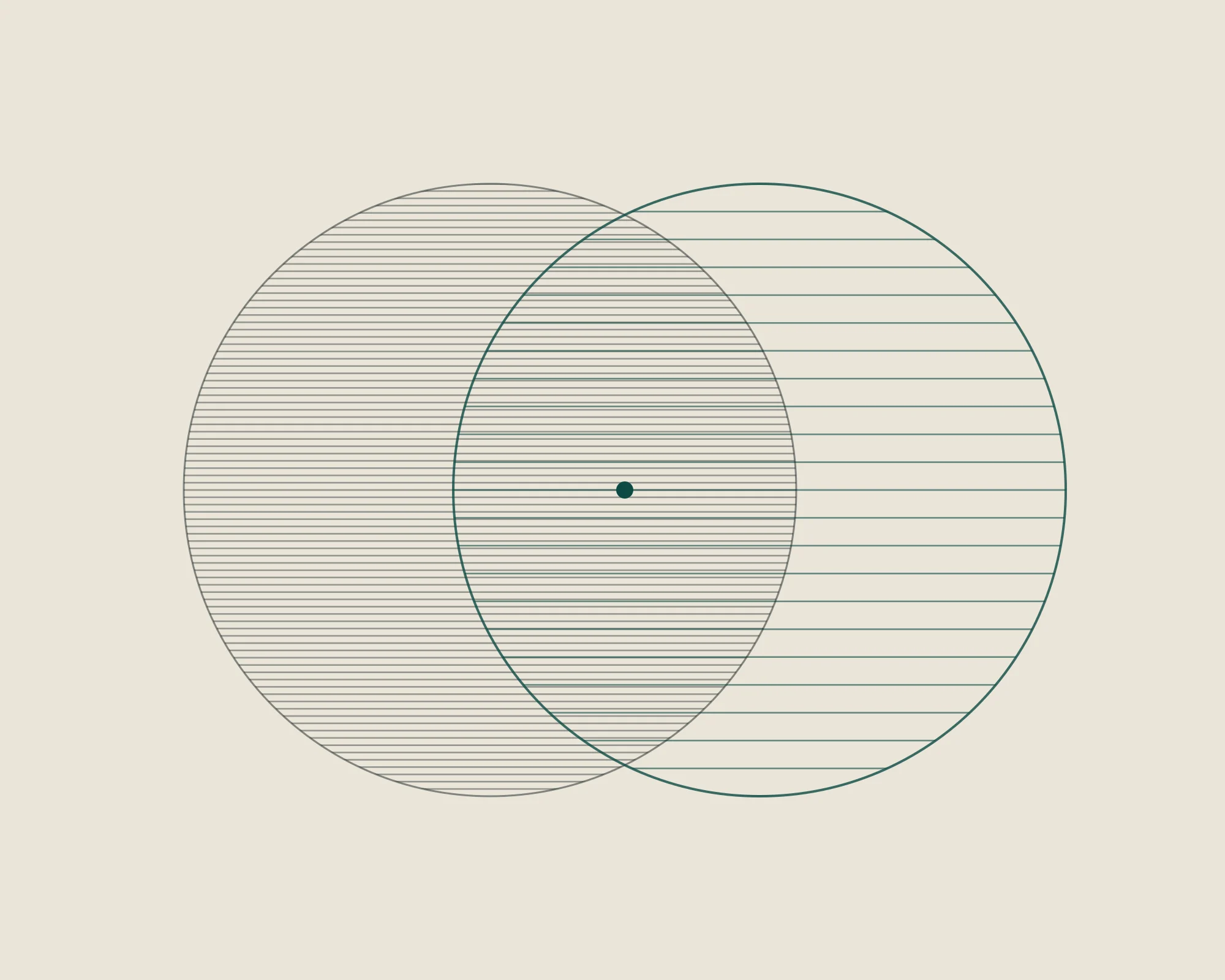 Two overlapping circular fields of fine lines, one dense and one open, meeting at a shared centre